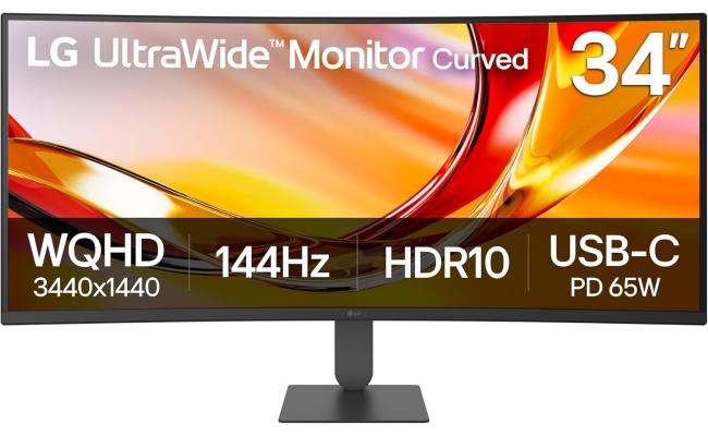 LG 34U640B-B UltraWide U6 Curved | WQHD 21:9 144Hz, All-in-One USB Type-C, Height & Tilt Adjustable Stand - Productivity Monitor